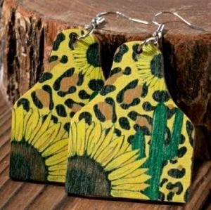 Sunflower wooden cow tag earrings